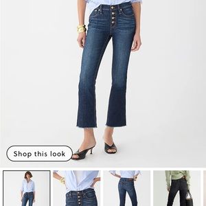 Dark wash 9” demi boot cut cropped jeans with a button fly